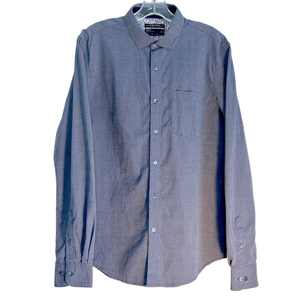 Cactus Slim Fit Blue Chambray 100% Cotton Men’s Button Down Shirt Size Large